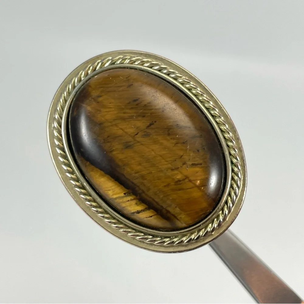 Stunning Silver Tone Oval Cut Tigers Eye Gemstone Statement Ring Stunning Sz 8